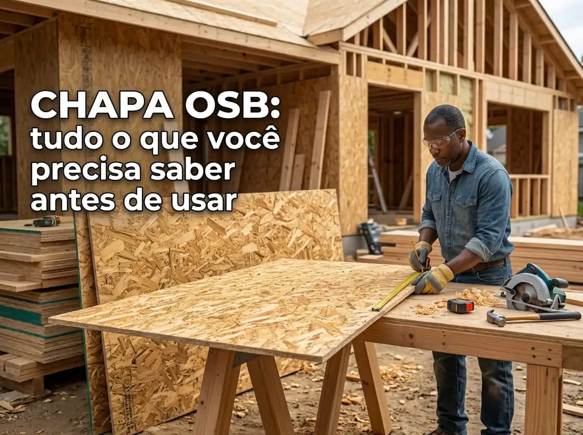 Um marceneiro negro usando óculos de proteção marca uma grande chapa de OSB sobre cavaletes com uma trena e lápis. Ao fundo, uma estrutura de casa em construção feita com madeira e chapas OSB. Texto sobreposto: 'CHAPA OSB: tudo o que você precisa saber antes de usar'.